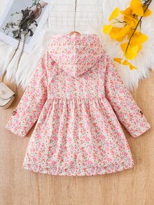 SHEIN Elladie kids 女童冬季外套，粉色碎花，保暖內裡，連帽，雙排扣，時尚夾克，適合日常休閒、校園風、開學季 - 粉色 - 查看 2