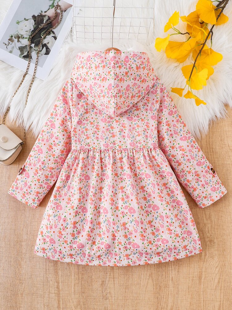 SHEIN Genkimix Kids Young Girl Winter Coat, Pink Ditsy Floral, Thermal Lined, Hooded, Double-Breasted, Fashionable Jacket, Suitable For Daily Casual, School Style, Back To School - Pink - View 2