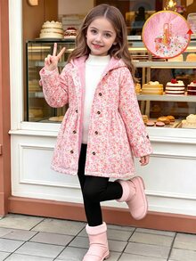 SHEIN Elladie kids 女童冬季外套，粉色碎花，保暖內裡，連帽，雙排扣，時尚夾克，適合日常休閒、校園風、開學季 - 粉色 - 查看 4