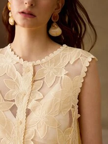MOTF PREMIUM WOMEN'S EMBROIDERED FABRIC PATCHWORK SLEEVELESS BUTTON FRONT TOP - Apricot - View 1