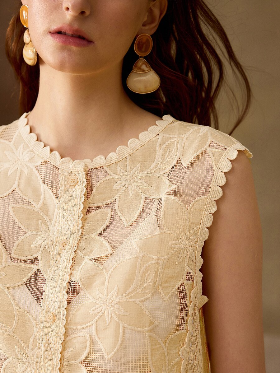 MOTF PREMIUM WOMEN'S EMBROIDERED FABRIC PATCHWORK SLEEVELESS BUTTON FRONT TOP - Apricot - View 1
