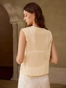 MOTF PREMIUM WOMEN'S EMBROIDERED FABRIC PATCHWORK SLEEVELESS BUTTON FRONT TOP - Apricot - View 3