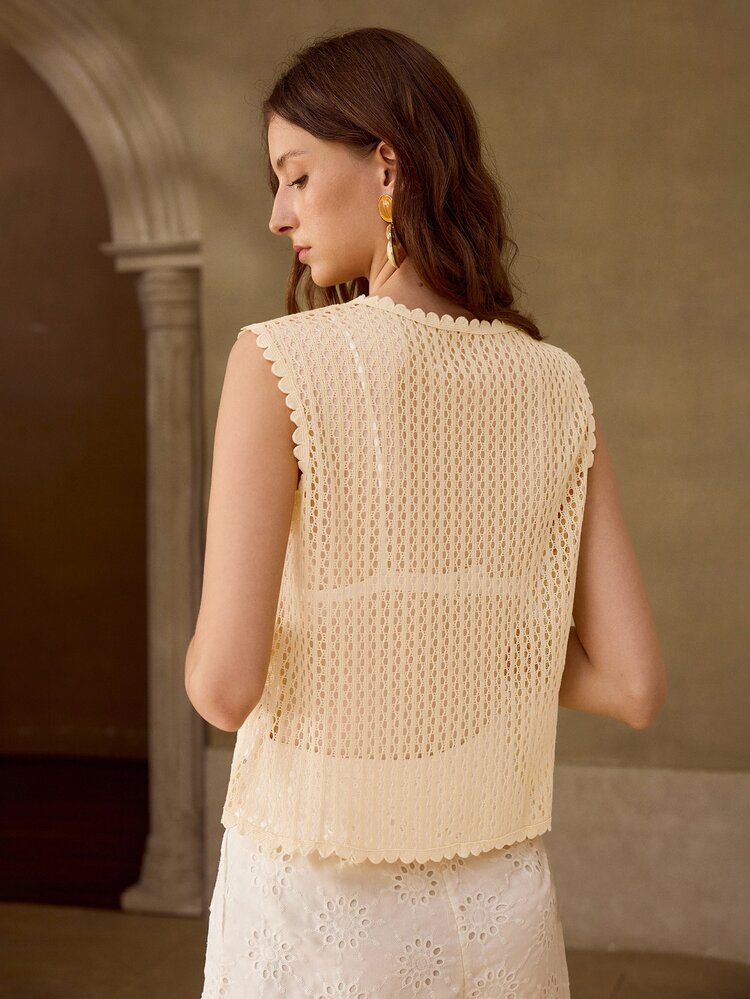 MOTF PREMIUM WOMEN'S EMBROIDERED FABRIC PATCHWORK SLEEVELESS BUTTON FRONT TOP - Apricot - View 3