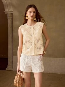 MOTF PREMIUM WOMEN'S EMBROIDERED FABRIC PATCHWORK SLEEVELESS BUTTON FRONT TOP - Apricot - View 5