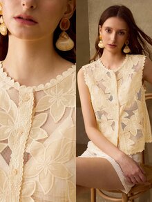 MOTF PREMIUM WOMEN'S EMBROIDERED FABRIC PATCHWORK SLEEVELESS BUTTON FRONT TOP - Apricot - View 2