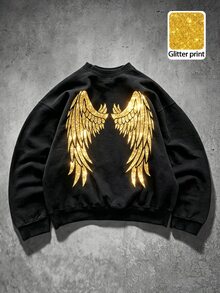 Manfinity EMRG 男士亮片翅膀圖案圓領套頭衛衣，休閒街頭風，秋季新款 - 黑色 - 查看 3