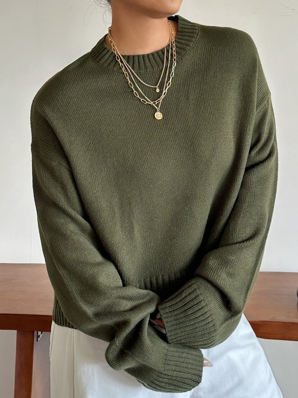 Dazy Plus Solid Color Loose Round Neck Casual Versatile Autumn/Winter Green Pullover Sweater