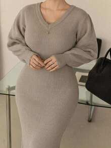 Dazy Plus V-Neck Fitted Wrap Elegant Lantern Sleeve Long Sweater Dress, Autumn/Winter - Khaki - View 1