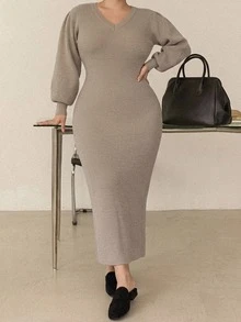 Dazy Plus V-Neck Fitted Wrap Elegant Lantern Sleeve Long Sweater Dress, Autumn/Winter - Khaki - View 3