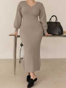 Dazy Plus V-Neck Fitted Wrap Elegant Lantern Sleeve Long Sweater Dress, Autumn/Winter - Khaki - View 2