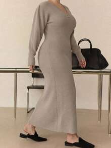 Dazy Plus V-Neck Fitted Wrap Elegant Lantern Sleeve Long Sweater Dress, Autumn/Winter - Khaki - View 4