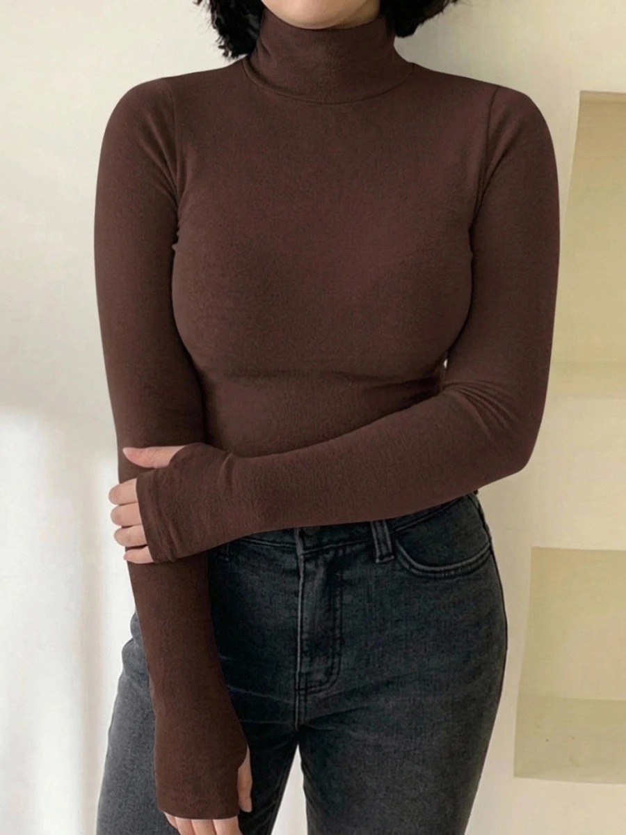Dazy Plus Plus Size Thermal Lined Thick Solid Color Versatile High Neck Long Sleeve Brown T-Shirt For Autumn/Winter - Brown - View 1