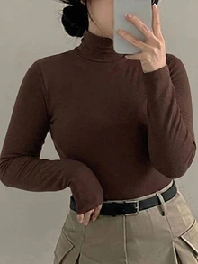 Dazy Plus Plus Size Thermal Lined Thick Solid Color Versatile High Neck Long Sleeve Brown T-Shirt For Autumn/Winter - Brown - View 4