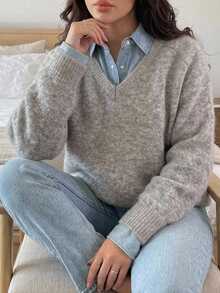 Dazy Plus Atasan Sweater Lengan Panjang Kasual Longgar Leher V Warna Polos untuk Musim Gugur/Dingin - Aprikot - View 3