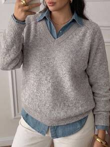Dazy Plus Atasan Sweater Lengan Panjang Kasual Longgar Leher V Warna Polos untuk Musim Gugur/Dingin - Aprikot - View 5