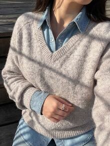 Dazy Plus Atasan Sweater Lengan Panjang Kasual Longgar Leher V Warna Polos untuk Musim Gugur/Dingin - Aprikot - View 1