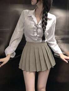 DAZY Women's Houndstooth Casual 70s Preppy Pleated Skirt Graduation Date Grey Autumn - Khaki - View 4