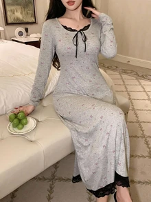 DAZY Autumn/Winter Bow Pattern All-Over Print Contrast Color Lace Patchwork Waist-Cinching Long Women's Nightgown - Grey - View 4