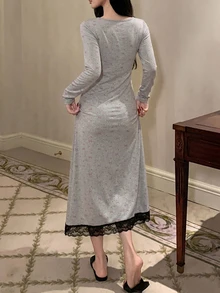 DAZY Autumn/Winter Bow Pattern All-Over Print Contrast Color Lace Patchwork Waist-Cinching Long Women's Nightgown - Grey - View 2