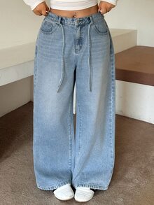 Dazy Plus Regular Mid-Waist Tie-Front Casual Straight-Leg Long Jeans, Versatile All-Season Fall - Light Wash - View 1