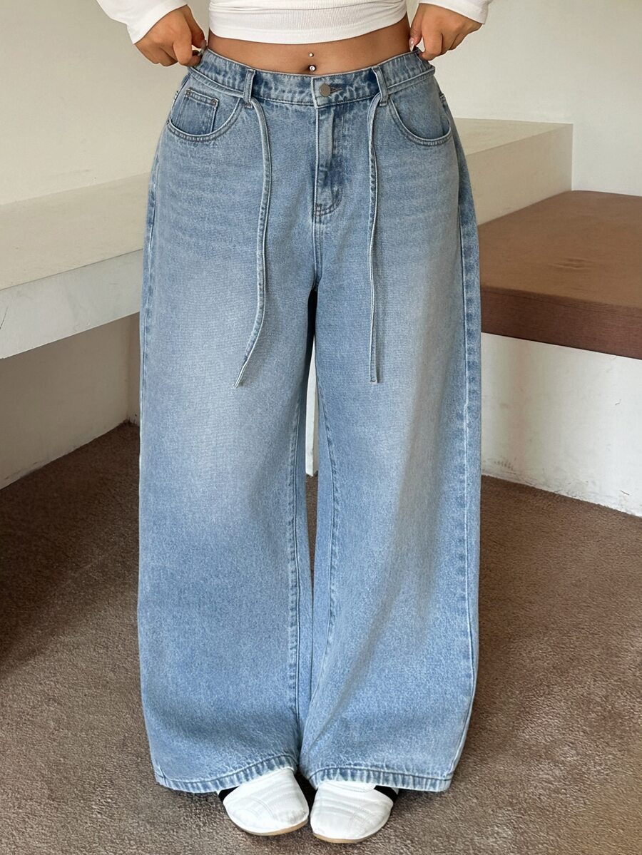 Dazy Plus Regular Mid-Waist Tie-Front Casual Straight-Leg Long Jeans, Versatile All-Season Fall - Light Wash - View 1