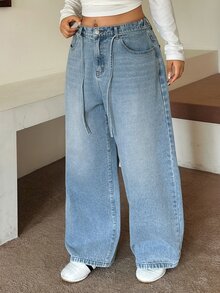 Dazy Plus Regular Mid-Waist Tie-Front Casual Straight-Leg Long Jeans, Versatile All-Season Fall - Light Wash - View 7