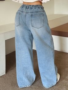 Dazy Plus Regular Mid-Waist Tie-Front Casual Straight-Leg Long Jeans, Versatile All-Season Fall - Light Wash - View 4