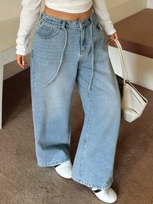 Dazy Plus Regular Mid-Waist Tie-Front Casual Straight-Leg Long Jeans, Versatile All-Season Fall - Light Wash - View 2