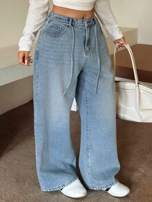 Dazy Plus Regular Mid-Waist Tie-Front Casual Straight-Leg Long Jeans, Versatile All-Season Fall - Light Wash - View 5