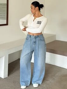 Dazy Plus Regular Mid-Waist Tie-Front Casual Straight-Leg Long Jeans, Versatile All-Season Fall - Light Wash - View 3