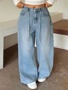 Dazy Plus Regular Mid-Waist Tie-Front Casual Straight-Leg Long Jeans, Versatile All-Season Fall - Light Wash - View 6