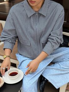 Dazy Plus Autumn New Lapel Long Sleeve Zipper Street Casual Loose Striped Regular Jacket - Blue - View 8
