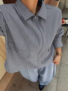 Dazy Plus Autumn New Lapel Long Sleeve Zipper Street Casual Loose Striped Regular Jacket - Blue - View 5