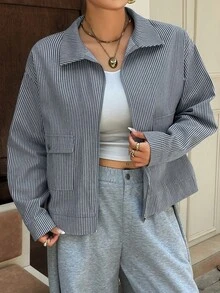 Dazy Plus Autumn New Lapel Long Sleeve Zipper Street Casual Loose Striped Regular Jacket - Blue - View 6