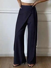 Livesso Women's Wrap-Style Wide Leg Commuter Pants Fall - Blue - View 6