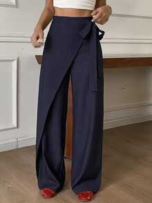 Livesso Women's Wrap-Style Wide Leg Commuter Pants Fall - Blue - View 1