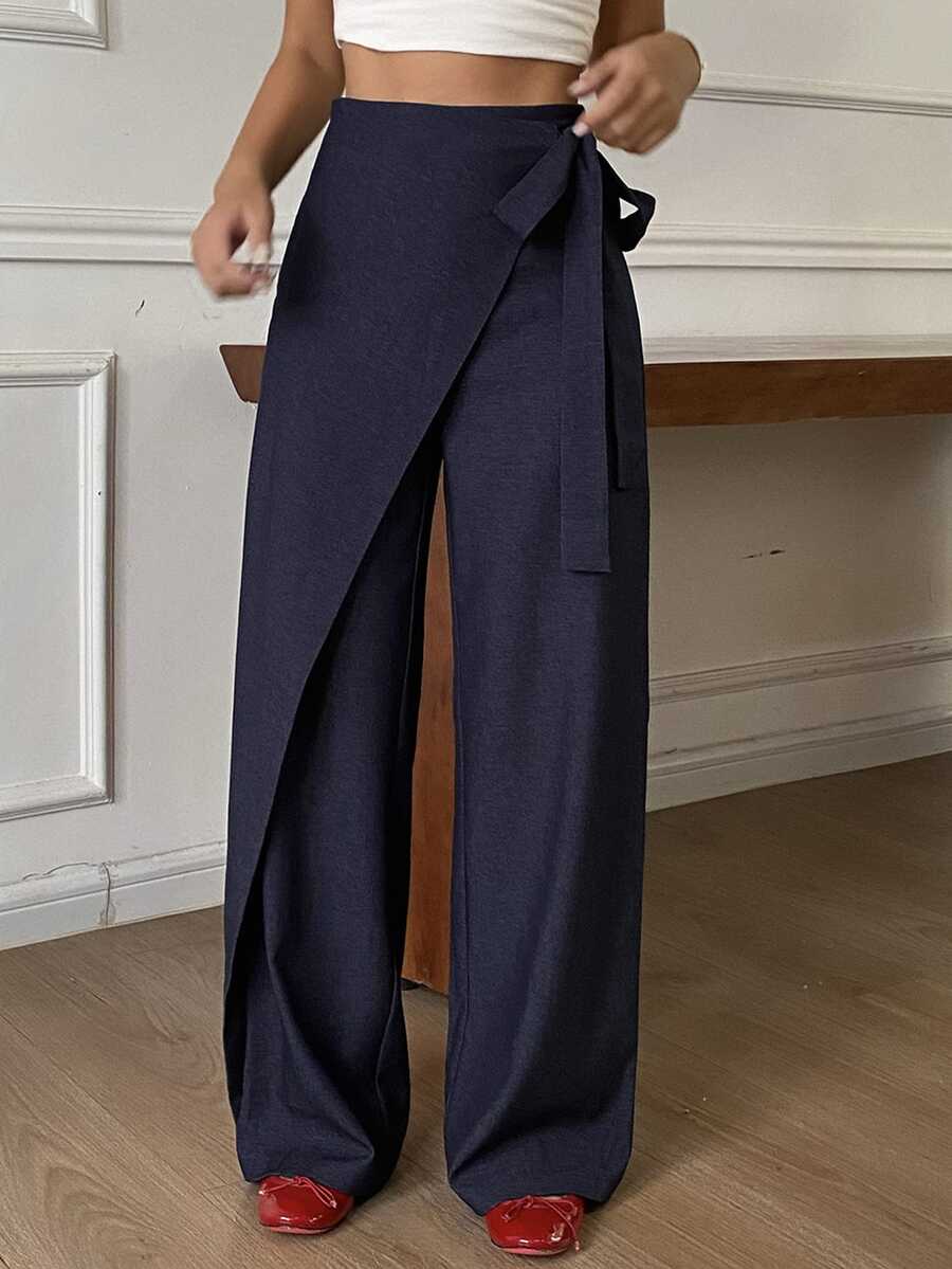 Livesso Women's Wrap-Style Wide Leg Commuter Pants Fall - Blue - View 1