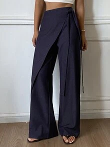 Livesso Women's Wrap-Style Wide Leg Commuter Pants Fall - Blue - View 3