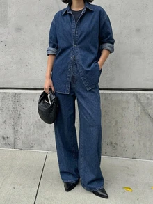 DAZY Drop Shoulder Denim Shirt & Wide Leg Jeans Vacation - Blue - View 9