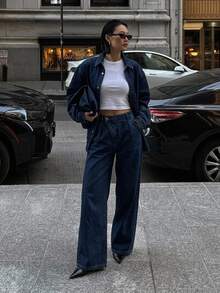 DAZY Drop Shoulder Denim Shirt & Wide Leg Jeans Vacation - Blue - View 6