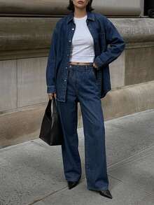 DAZY Drop Shoulder Denim Shirt & Wide Leg Jeans Vacation - Blue - View 5