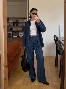 DAZY Drop Shoulder Denim Shirt & Wide Leg Jeans Vacation - Blue - View 3