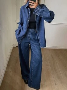 DAZY Drop Shoulder Denim Shirt & Wide Leg Jeans Vacation - Blue - View 1