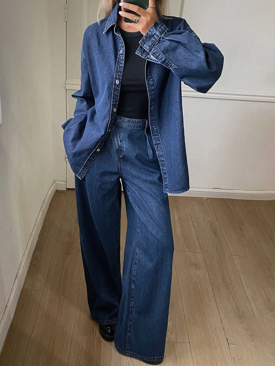 DAZY Drop Shoulder Denim Shirt & Wide Leg Jeans Vacation - Blue - View 1