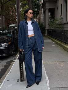 DAZY Drop Shoulder Denim Shirt & Wide Leg Jeans Vacation - Blue - View 4