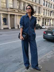 DAZY Drop Shoulder Denim Shirt & Wide Leg Jeans Vacation - Blue - View 7