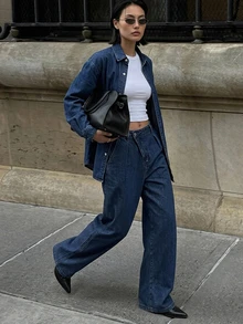 DAZY Drop Shoulder Denim Shirt & Wide Leg Jeans Vacation - Blue - View 2