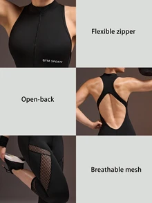 Powerista Solid Color Backless Sleeveless Fitted Sports Jumpsuit - Black - View 4