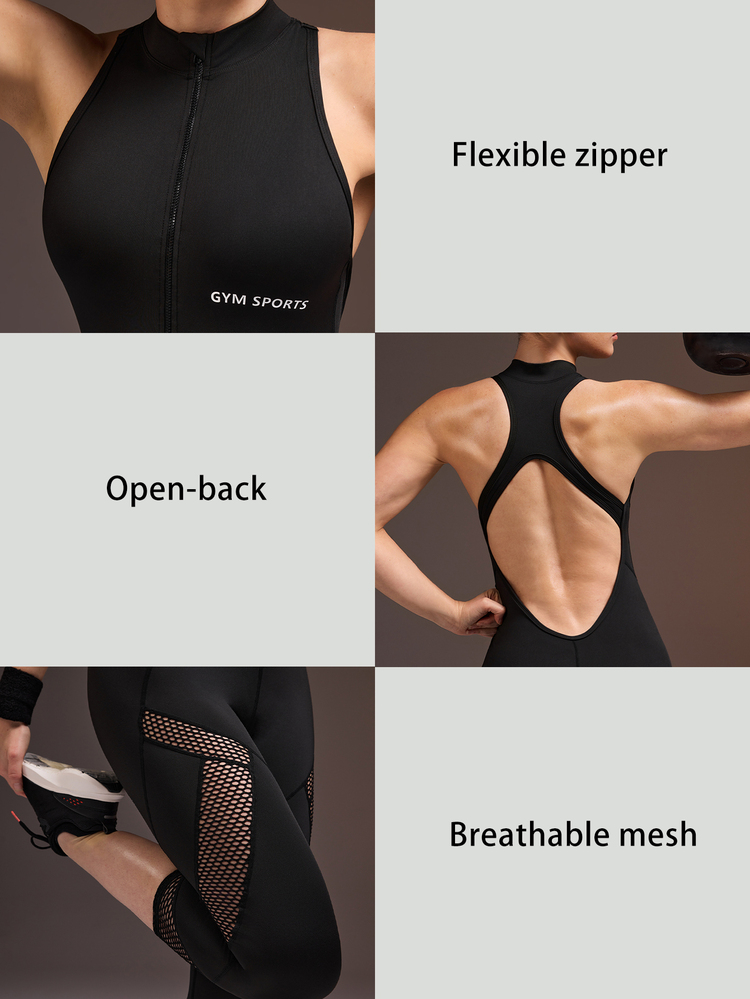 Powerista Solid Color Backless Sleeveless Fitted Sports Jumpsuit - Black - View 4
