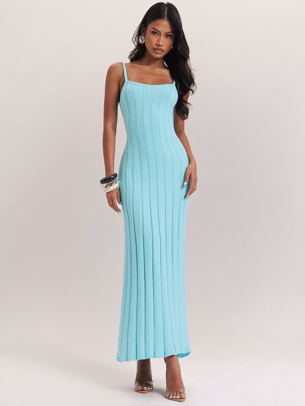 SHEIN BAE Bright Blue Ribbed Knit Cami Maxi Dress For Women Fall 2026 Slim Fit Elegant Casual Sweater Dress For Office Weekend Brunch Date Night